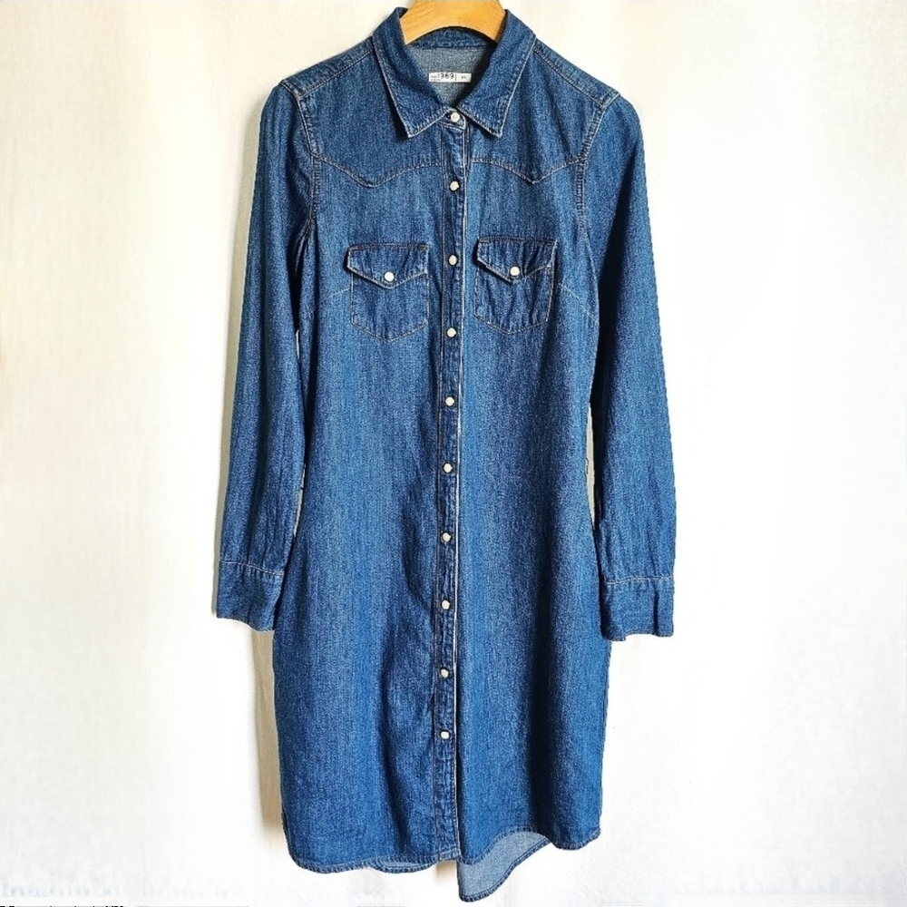 GAP 1969 Long Sleeve Medium Blue Denim Western Button Shirt Dress - Picture 12 of 16